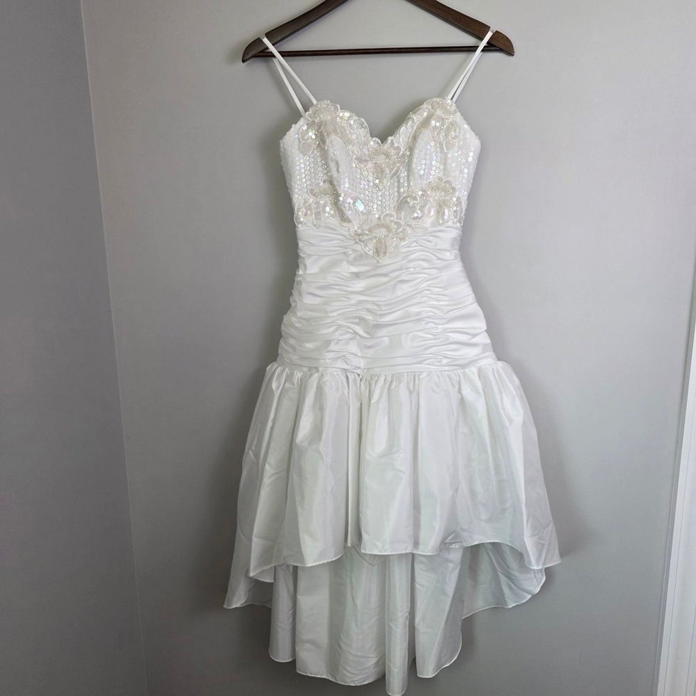 Vintage 80s Alyce Designs White Sequin Beaded High Bow Taffeta Wedding Dress USA